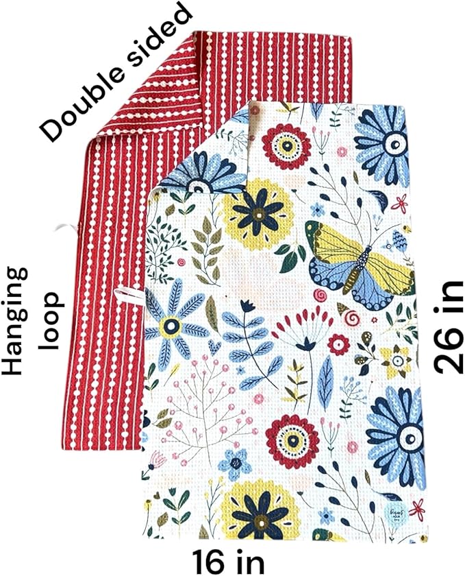 Desert Aqua || 2 Pack Double Sided|| Not Your Ordinary Dish Towels || Waffle Weave Microfiber || Tea Towels || Highly Absorbent || Hanging Loop || Dish Cloths|| Designer Prints|| Flower Garden