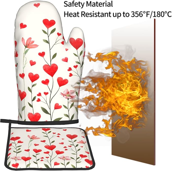 Red Love Hearts Oven Mitts and Potholders Set of 2 Romantic Flowers Washable Heat Resistant Non-Slip Oven Gloves Pot Holder for Mother Day Kitchen Cooking Baking Decoration