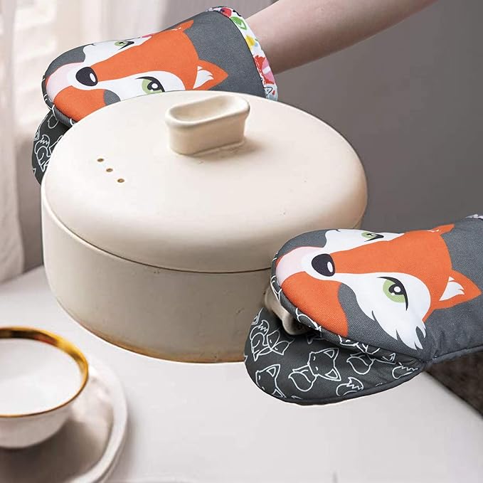 Mini Oven Mitts,2pk - Silicone Little Kitchen Gloves, Heat Resistant with Non-Slip Grip and Soft Quilted Cotton Lining for Safe Backing Cooking Barbecue (Gray, 2)