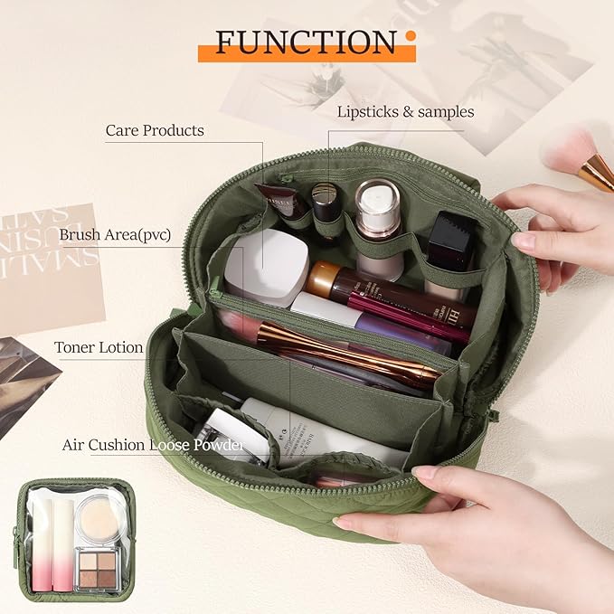 Petition Makeup Bag for Women, Wide Open Lay-Flat Cosmetic Case, Festivalment Makeup Bag, Spacious 180° Open Cosmetic Organizer for Toiletries & Brushes Large Capacity with Compartments (Green)