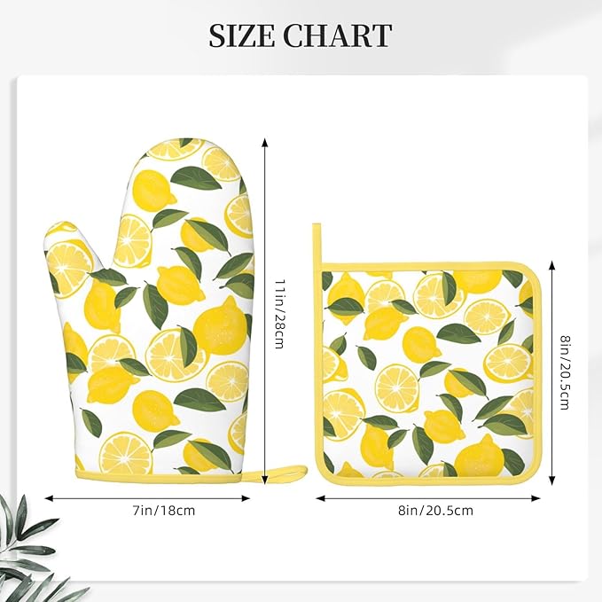 Oven Mitts and Potholders Watercolor Lemon Leaf Silicone Glove Heat Resistant, Kitchen Gloves for Cooking, 2-Piece Set