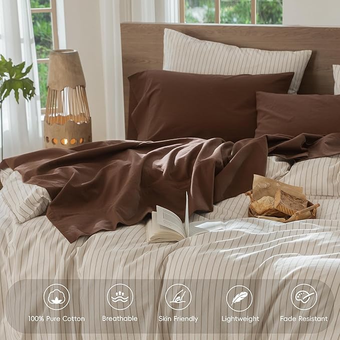 MooMee Bedding Sheet Set 100% Washed Cotton Linen Like Textured Breathable Durable Soft Comfy (Solid Cocoa Brown, California King)