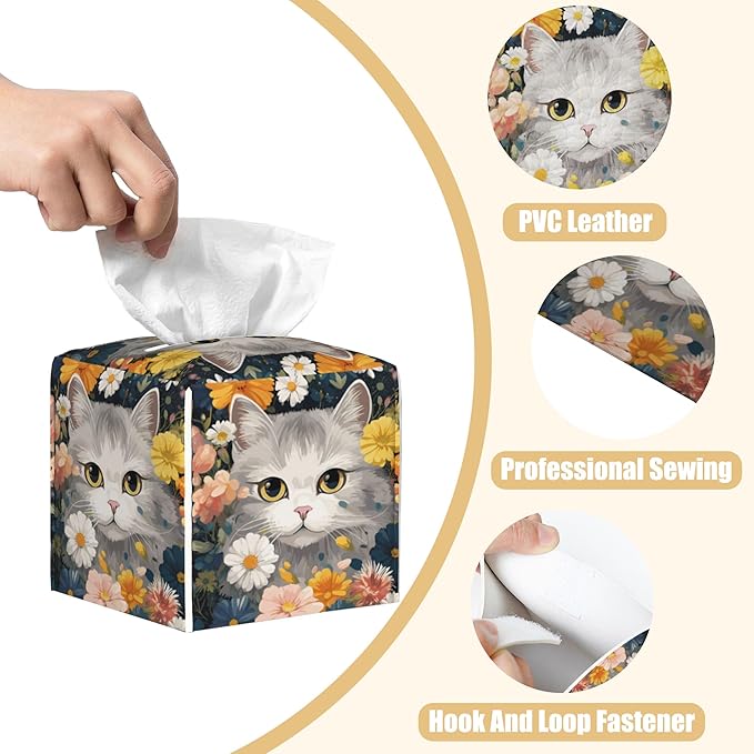 BLYKVGHQ Square Tissue Box Cover Cute Cat with Colorful Flowers Tissue Box Holder Facial Cube Paper Dispenser Leather Decorative Organizer Home Office Desk Decor, 5.2"x5.2"x5.2"