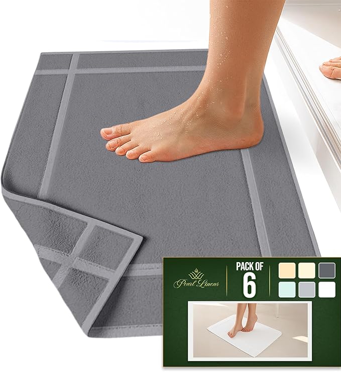 Pearl Linens 100% Ring Spun Cotton Bath Mat (Pack of 6) 18 x 25 Inch, Washable, Soft & Absorbent Terry Bathroom Floor Mat – Not Bathroom Rugs – Quick-Dry After Shower Bath Mat, 687 GSM, Light Grey