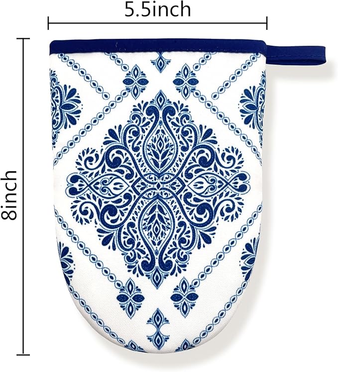 Vintage Navy Blue Floral Boho White Mini Silicone Oven Mitts, Heat Slip Resistant Kitchen Gloves 2-Pack Set, Soft Short Small Oven Mittens Pot Holders for Baking Grilling Barbecue Microwave Gift