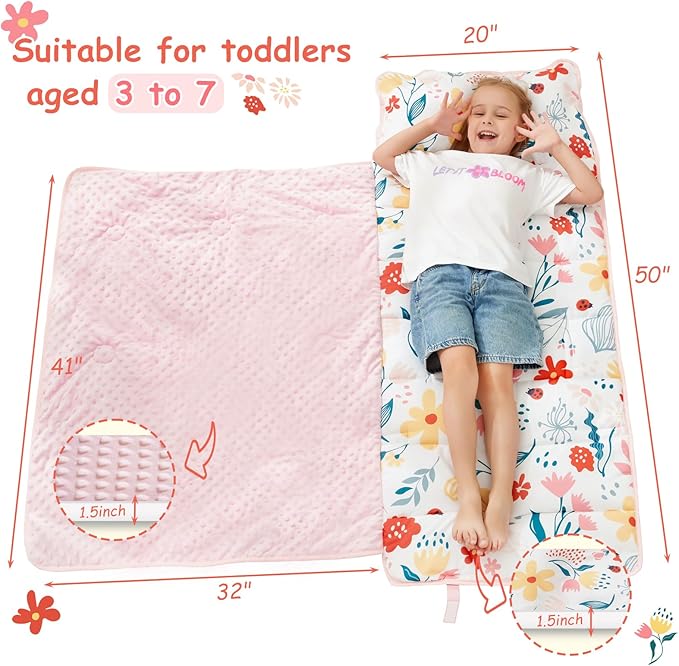 Toddler Nap Mat with Pillow and Blanket, Extra Large Rolled Napping Mats,Toddler Sleeping Bag for Daycare,Kids Sleeping Bags for Sleepover,Toddler Sleeping Bag Camping