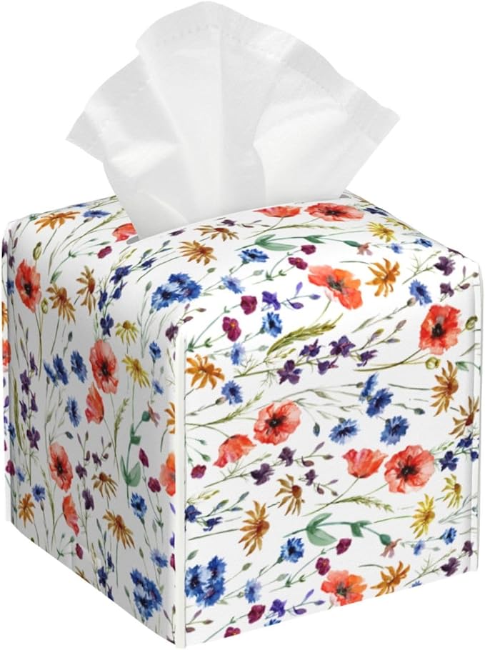 PVC Tissue Box Cover Holder,Watercolor Flower Square Decorative Organizer,5.2"X5.2"X5.2" Tissue Case for Bathroom,Tabletop,Car,Office