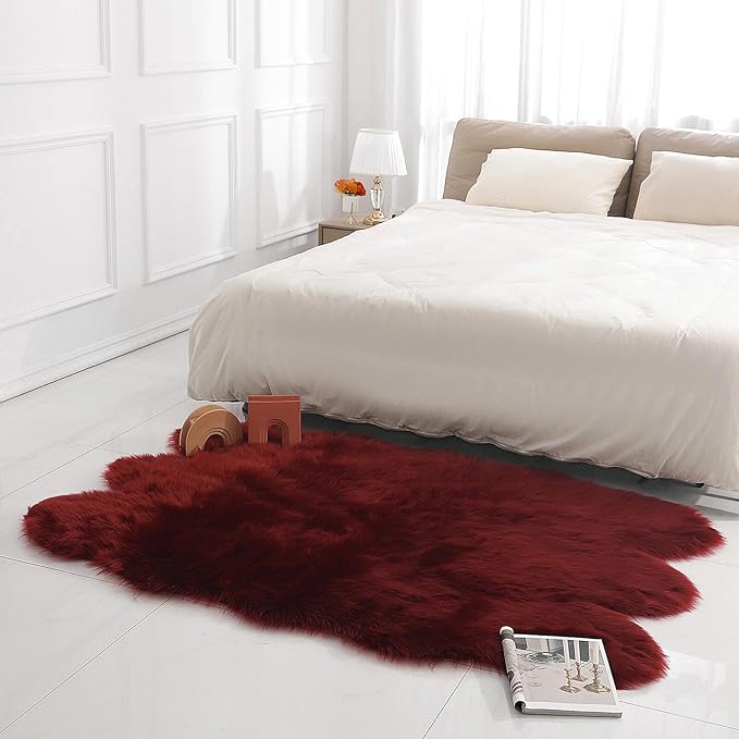 Faux Fur Rug Sheepskin Shag Fluffy Fuzzy Red 4x6 ft Rugs for Bedroom Bedside Bed Floor Living Room Plush High-Density Cushion Carpet Super Sofa Cover