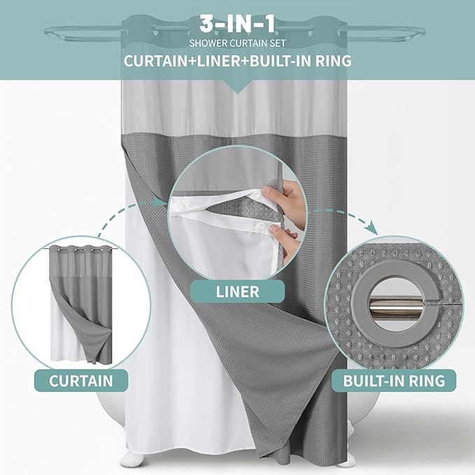 eachope Grey No Hook Waffle Weave Shower Curtain with snap-in Liner Replacement, 230GSM Waterproof Fabric Hotel Shower Curtain Set for Bathroom, Through Mesh Top Window,48Wx74H