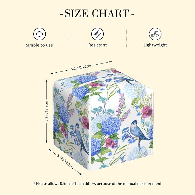POIUBLE Leather Tissue Box Holder Bird with Blue Hydrangea Tissue Box Cover Square Waterproof Tissue Holder Organizer Modern Napkin Holder for Bedroom Dresser Night Stand Office Desk