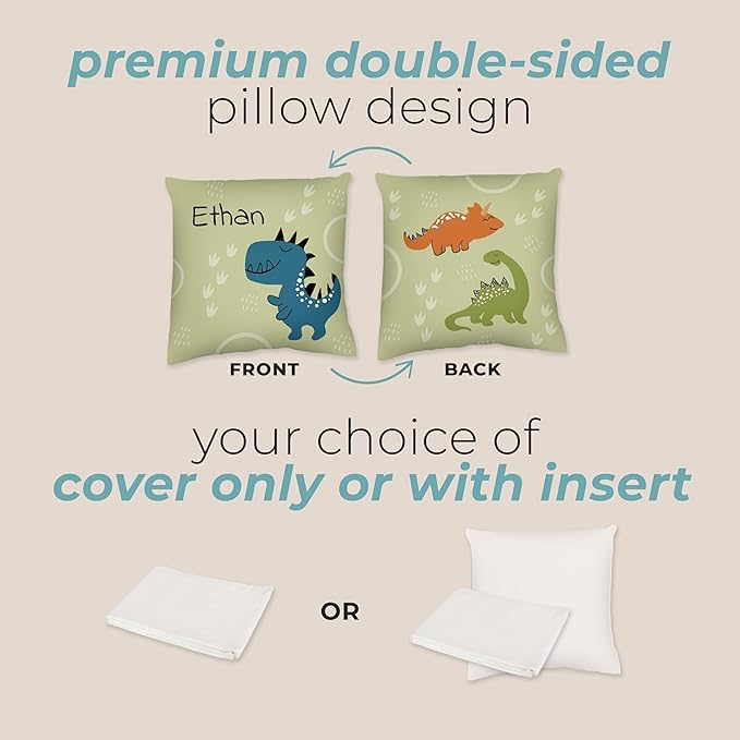 Prints Next Day – Kids Custom Dinosaur Throw Pillow - 16" x 16" - Double-Sided Printing - Cover Only - Kids Personalized Bedroom Accent Pillow with Name - Nursery Decor - Printed in USA