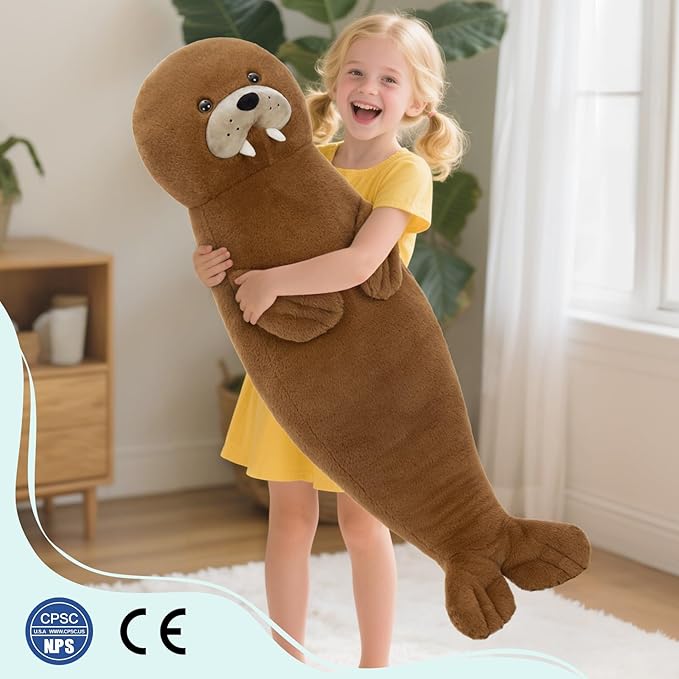 MorisMos Long Walrus Plush Body Pillow 39.3", Cute Walrus Stuffed Animal Cuddly Soft Sleeping Throw Pillow Toy Gift for Kids Girlfriend Birthday Christmas
