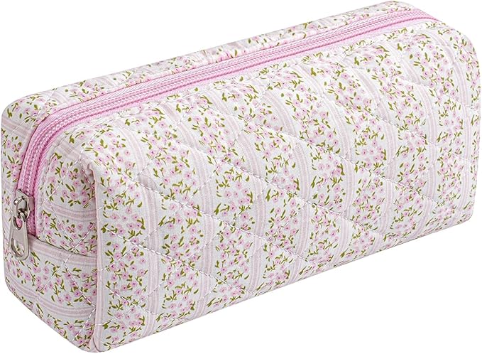 WHHJM Cute Floral Makeup Brush Bag Small Cotton Quilted Cosmetic Bag for Women Travel Toiletry Zipper Make Up Pouch (Pink Floral)