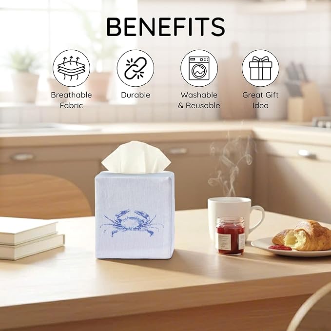 EmbroideryLinen.VN Tissue Box Cover Set of 2, Square Linen Tissue Holder, Printed Animal Pattern, 4.5x4.5x5.5 Inches, Decorative Holder for Bathroom, Living Room, Office (Blue & Green Crab)