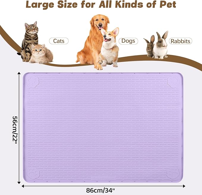 Bartuke Cat Food Mat, 34" x 22" Large Silicone Pet Feeding Mat for Food and Water Bowls Non-Slip, Easy to Clean (Purple)