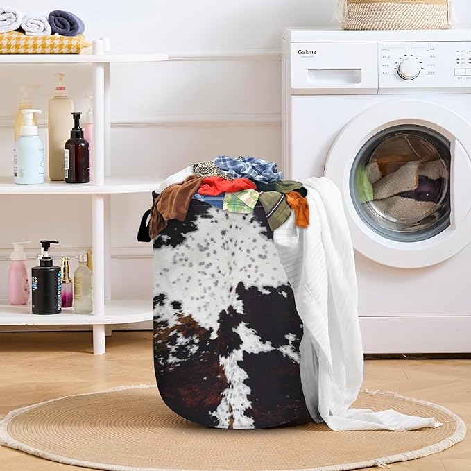 Nature Cow Print Laundry Basket with Sturdy Handles, Cow Skin Collapsible Oxford Cloth Laundry Hamper Organizer Basket for Bathroom Bedroom 15.7x20 Inch