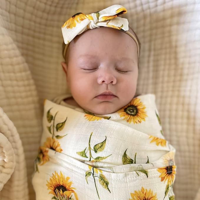 LifeTree Baby Muslin Swaddle Blankets for Boys & Girls, Newborn Swaddle Set with Matching Headband Bow, Infant Blanket Wrap, 47 x 47 inches, Sunflowers, 70% Viscose from Bamboo and 30% Cotton