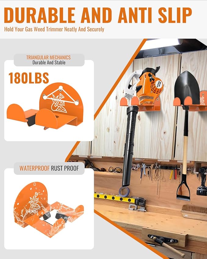 Weedeater Rack & Garden Tool Hanger - 4 Pack - 180LB Heavy-Duty Alloy Steel Wall Mount Set, for Stihl Power Tools, Grass Trimmer, Garden Tools, Space-Saving Storage for Garage, Shed, Workshop
