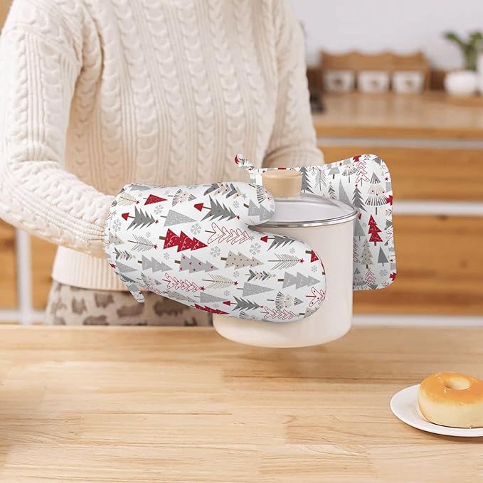 Oven Mitts Pot Holders Set Christmas Pine Tree White Winter Silicone Kitchen Gloves Potholders Heat Resistant for Chef Baking Cooking Grilling BBQ 4 Pack Mitt