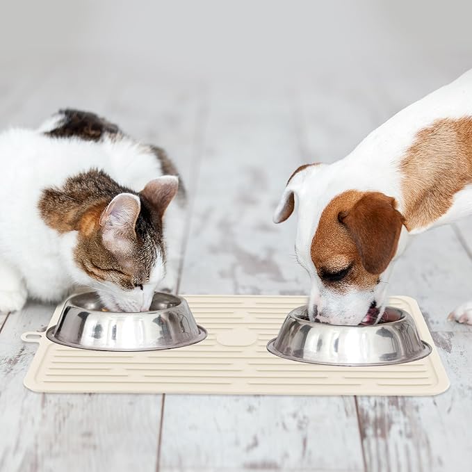 Dahaiwua Waterproof Pet Placemat,Feeding Mats,Non Slipping Cat Food Mats,Cat Food Mats for Floor with Lip,Dog Food Mat-Beige