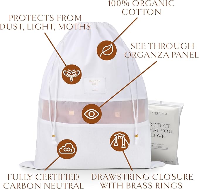 Hayden Hill Luxury Organic Cotton Dust Bags For Handbags - 3 Pack Small - 15" Purse Dust Bags, Shoes and Handbag Covers For Storage - Carbon Neutral Protector Dustbags