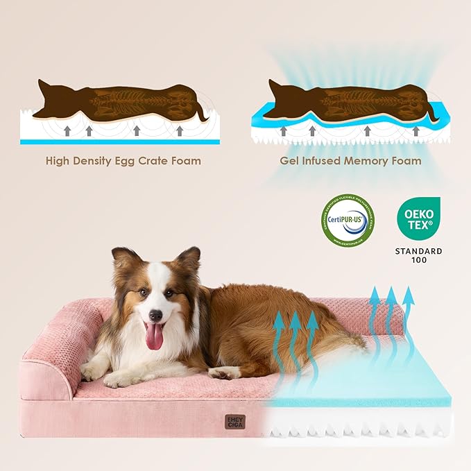 EHEYCIGA Large Dog Bed Memory Foam for Crate, Orthopedic Dog Bed Large Size Dogs with Washable Removable Cover, Waterproof Pet Sofa Couch with Nonskid Bottom, 35x22x6, Pink