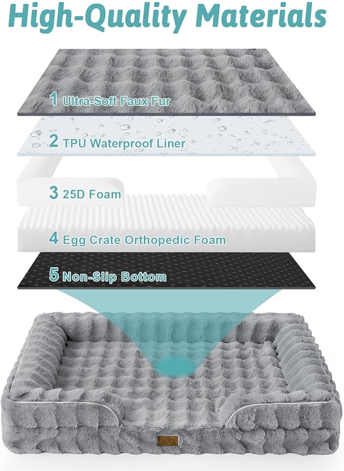 COZY KISS Orthopedic Dog Bed for Large Size Dog, Soft and Warm Faux Fur Extra Large Sofa for Pet Up to 100 lbs, Foam Bolster Anti-Slip Couch with Washable Removable Cover, XL 44x32x7 inch, Grey