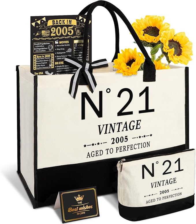 21st Birthday Gifts for Her Canvas Tote Bag Travel Gear, Unique 21 Years Old Gifts for Girlfriend Sister Coworker Friends Classmate Women, Vintage N°21 Handbag & Cosmetic Bag & Back in 2005 Poster