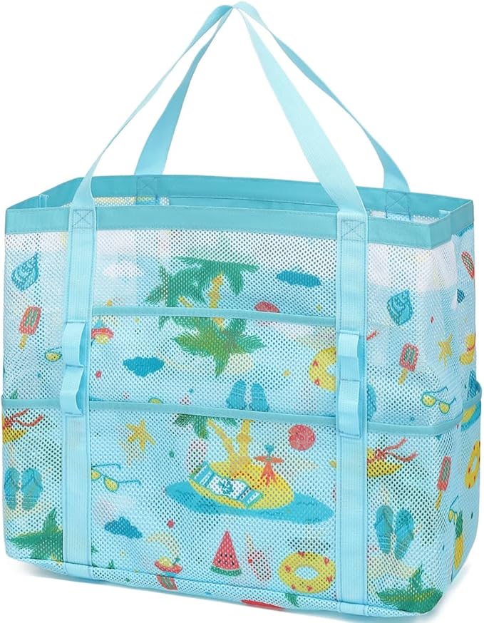 Fammart Mesh Beach Bag, Large Beach Tote with Zipper Pocket for Family Pool Bag for Toys & Vacation Essentials