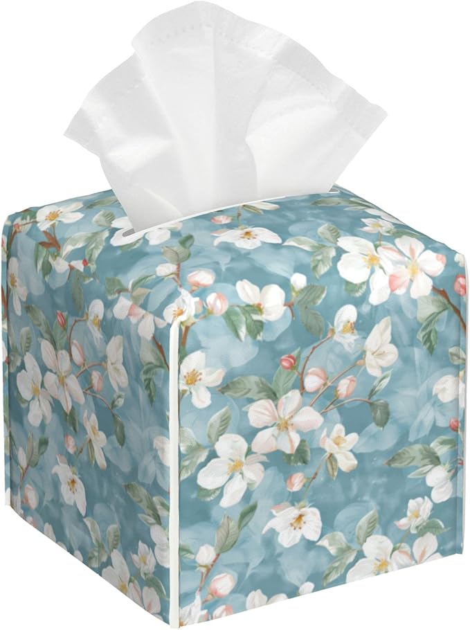 BLYKVGHQ Abstract Blooming Flower Tissue Box Cover Square, Tissue Box Holder with Bottom Belt Leather Facial Paper Organizer Dispenser for Bathroom Bedroom Dresser Night Stand Tabletop