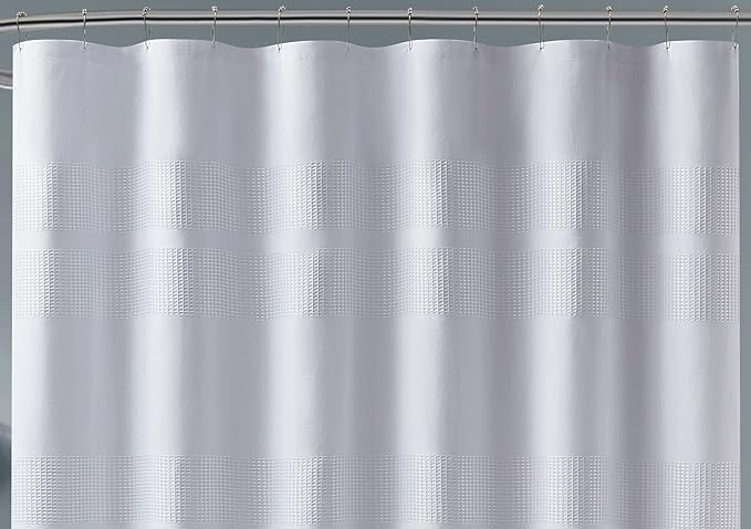 LinenZone 70" Wide x 72" Long Waffle Shower Curtain. White Shower Curtain with White Stripes. Adorable Stripes Shower Curtain, Modern Shower Curtain, Hotel Shower Curtain. (Waffle 70 x 72 White)