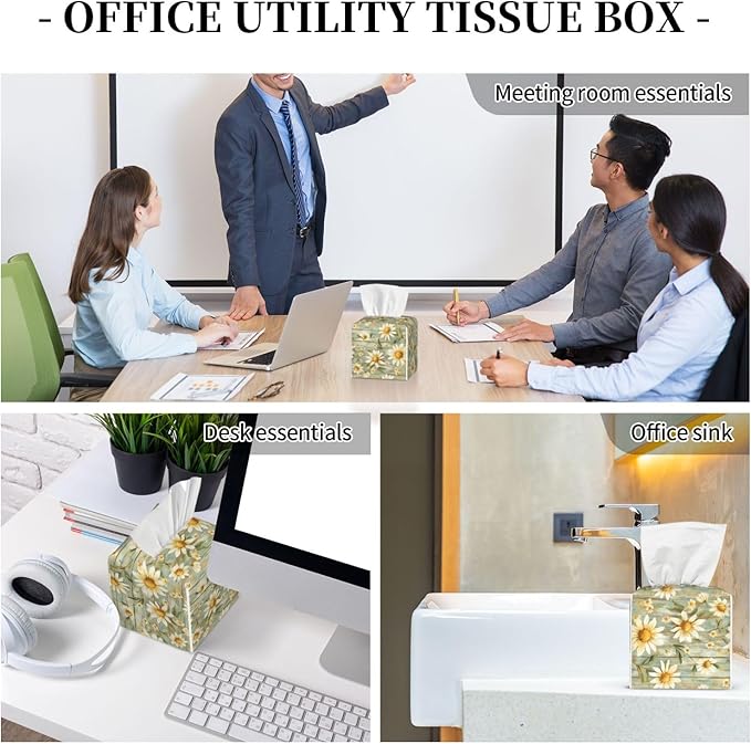 PVC Tissue Box Cover Holder,Daisy Square Decorative Organizer,5.2"X5.2"X5.2" Tissue Case for Bathroom, Tabletop, Car, Office