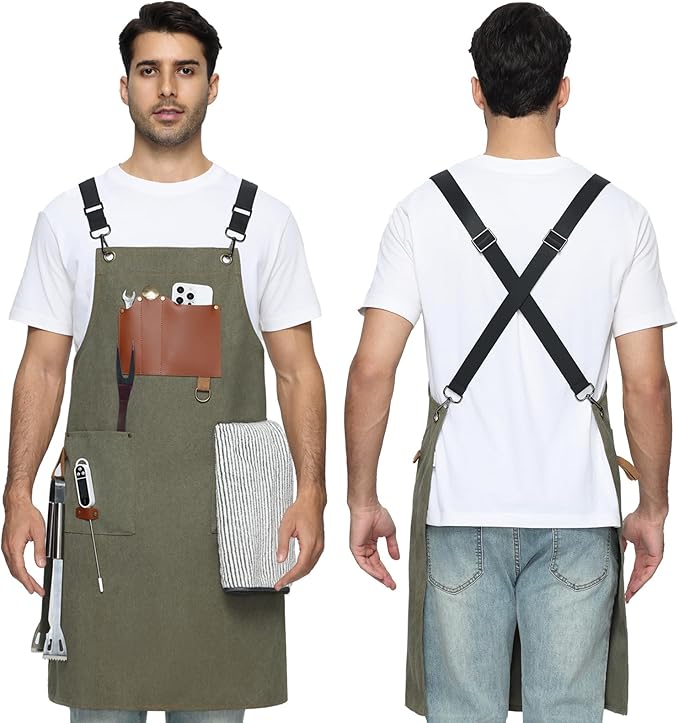 Kitchen Apron - 3 Large Pockets, Cross Back Apron With Adjustable Straps, Cooking Kitchen Chef Apron For Women And Men, Wear-Resistant & Easy To Clean.(Dark Green)