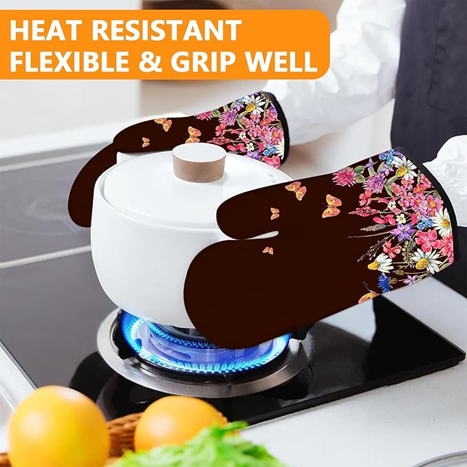 Wildflowers Oven Mitts and Pot Holders Sets 4Pcs,Extra Long Oven Gloves Potholder for Kitchen Cooking Baking BBQ 100% Cotton Heat Resistant