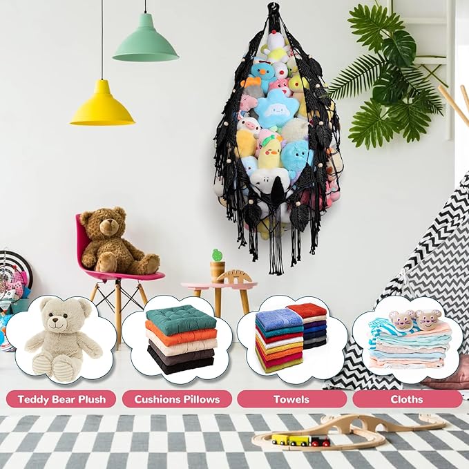 82.7x59x59 Inch Jumbo Stuffed Animal Storage Hammock Corner, Black Macrame Leaf Hanging Stuffed Animal Net Organizer for Stuffy Plush, Toy Hammock Holder w/LED Light for Boy Girl Gift Nursery Decor