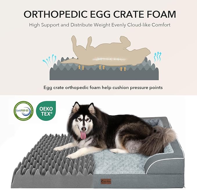 Casa Paw Orthopedic Dog Beds for Large Sized Dogs, Waterproof Memory Foam Large Pet Bed with Sides 35x22Inch, Non-Slip and Egg-Crate Foam Big Dog Couch Bed with Removable Washable Cover, Grey