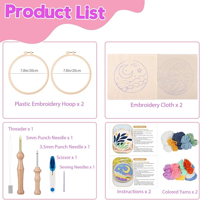 Cheloment 2 Sets Punch Needle Kits with 5mm/3.5mm Punch Needle,Fabric,Threader, Yarns and Hoops Embroidery Starter Kit for Adults Beginner, Perfect for DIY Craft and Decoration (Moon&Leaf)