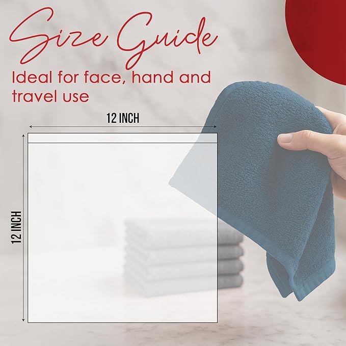 RIVERSIDE 12 Pack Washcloths - 12x12 Inches, 500 GSM, 100% Ring-Spun Cotton - Soft, Absorbent & Durable Face and Body Towels - for Bathroom, Spa, Gym, Makeup Removal & Everyday Use - Blue Opal