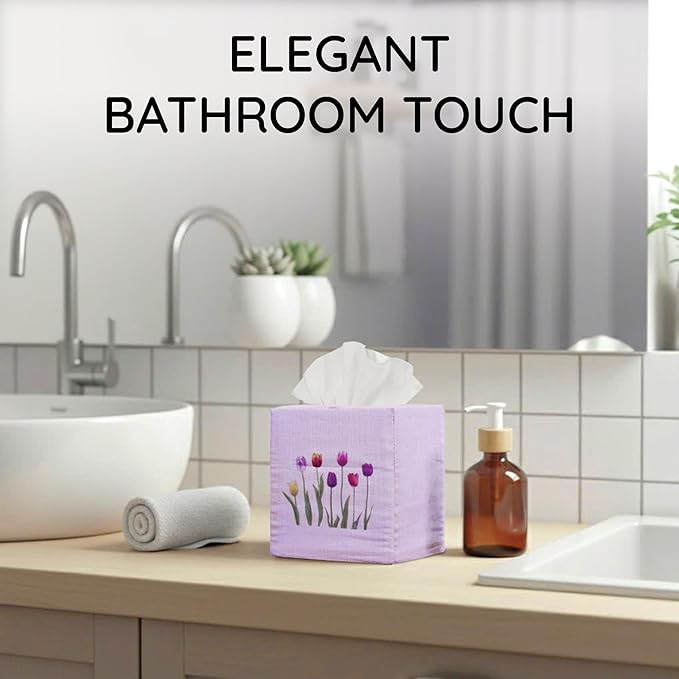 EmbroideryLinen.VN Tissue Box Cover Set of 2, Square Linen Tissue Holder, Printed Floral Design, 4.5x4.5x5.5 Inches, Decorative Holder for Bathroom, Living Room, Office (Tulip & Hydrangea)