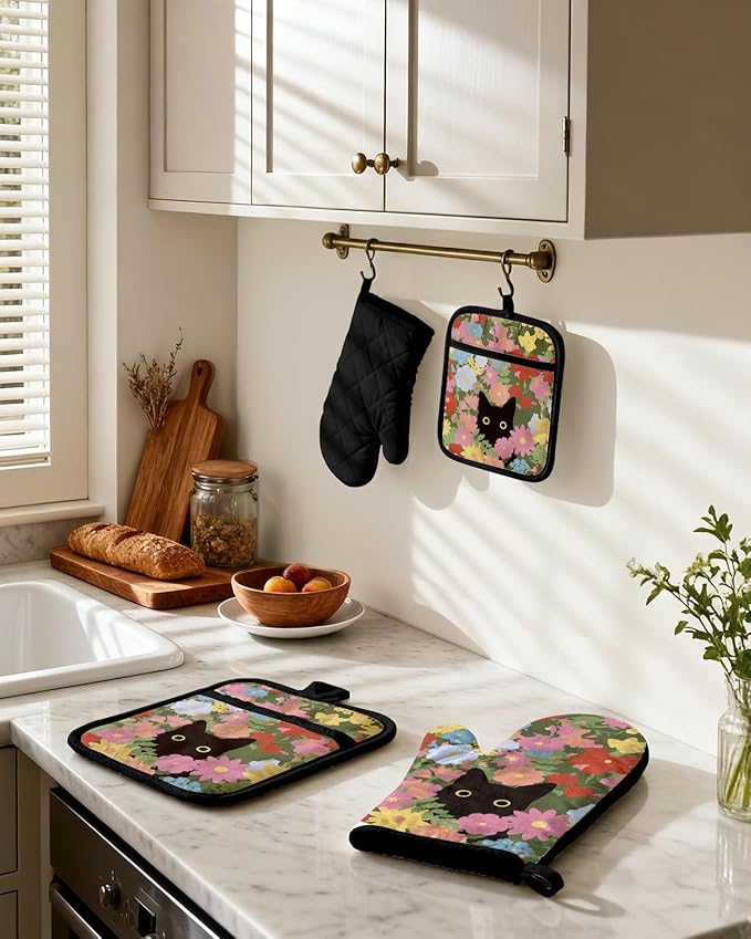 Cotton Oven Mitts and Pot Holders Sets - Quilted Lining Heat Resistant 4 Pieces Set with Hanging Loop Cute Farmhouse Boho Spring Kitchen Decor and Accessories, Cat Flower