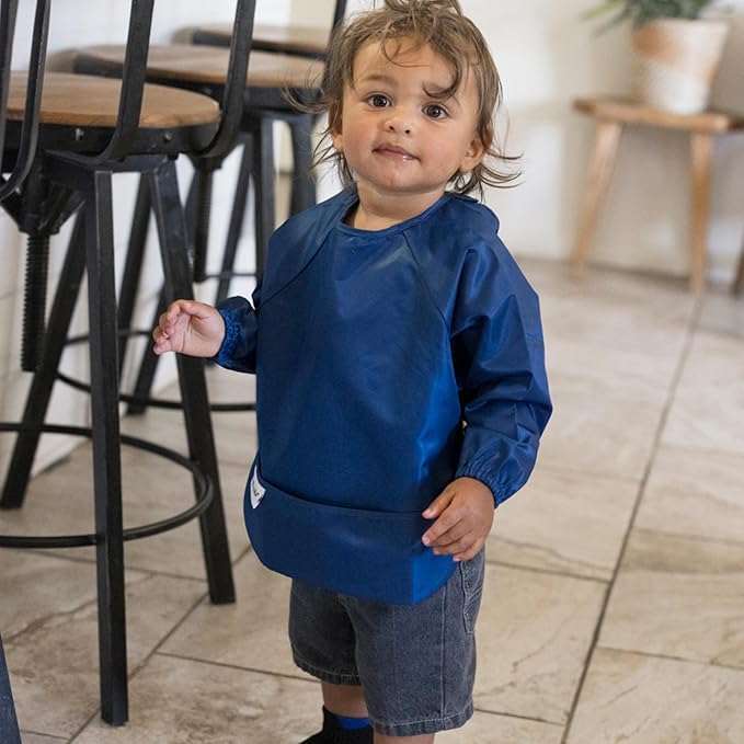Tiny Twinkle Long Sleeve Bib for Babies & Toddlers | 2-Pack Waterproof Smock Bib for Eating | Machine Washable & Mess-Proof Feeding Essentials | Newborn Shower Gift (Grey Indigo,6–24M)