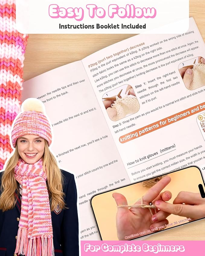 Katech Beginner Knitting Kit for Adults - Learn to Knit with Step-by-Step Instructions - Complete Hat, Scarf, Gloves Starter Kit（Colorful）