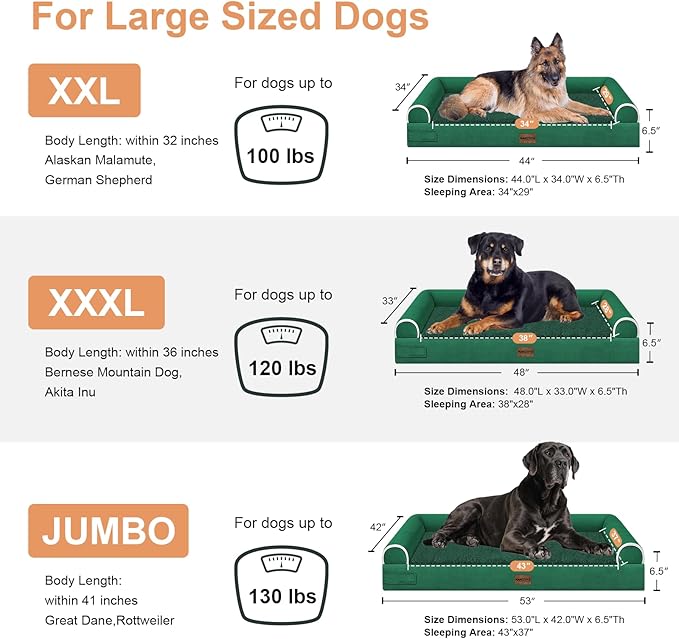 NANUYA Large Dog Bed Orthopedic Washable: Beds Bolster XXL Bed Big XLarge Dogs Egg Crate Foam Sofa Couch Waterproof Removable Cover - Emerald