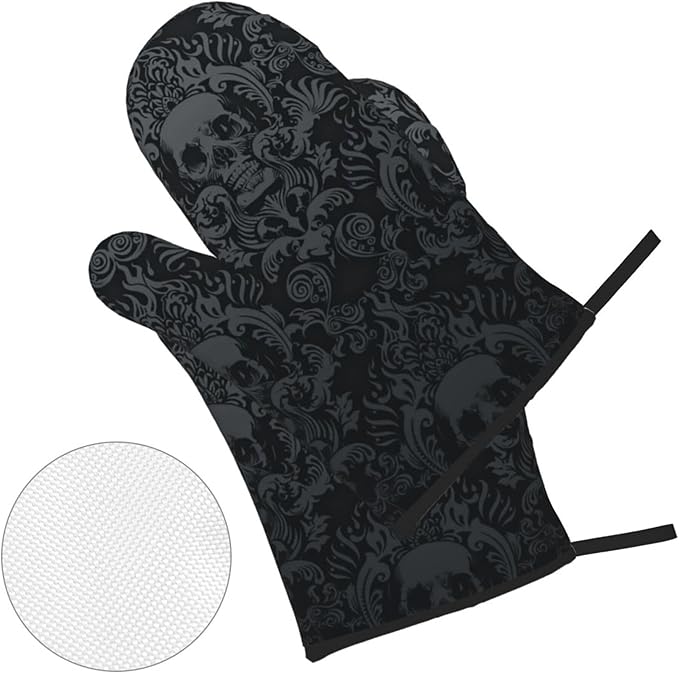Victorian Gothic Black Skull Damask Oven Mitts and Pot Holders Sets of 4,Resistant Hot Pads with Polyester Non-Slip BBQ Gloves for Kitchen,Cooking,Baking,Grilling