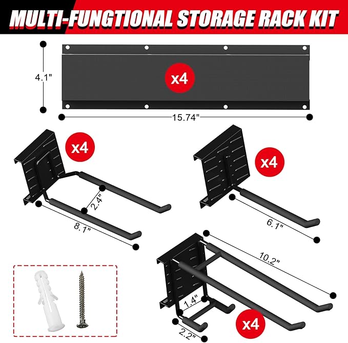 Howzone 64 Inches Garage Organization, Wall Mount Garden Tool Organizer, 880lbs Adjustable Heavy Duty Metal Hanging Hooks, Garden Tool Storage Rack for Garage, Yard, and Shed (4 Racks, 12 Hooks)