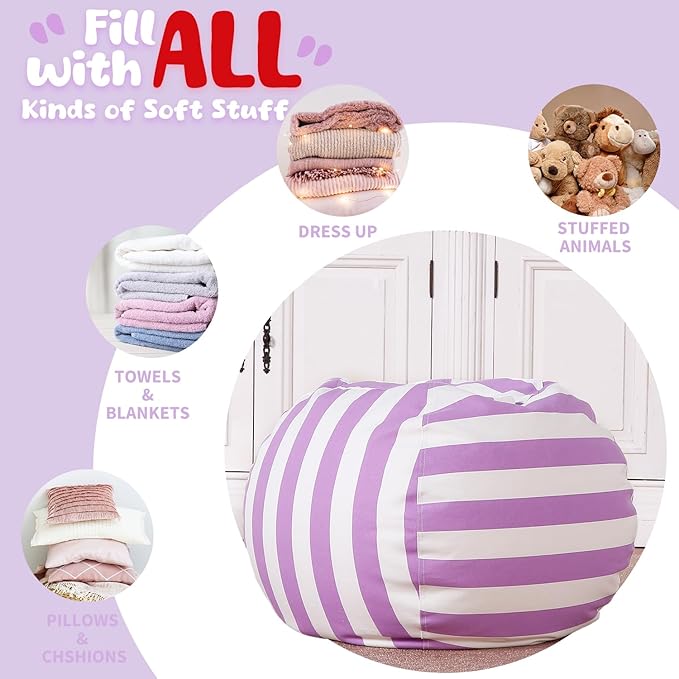WEKAPO Stuffed Animal Storage Bean Bag Chair Cover for Kids | Stuffable Zipper Beanbag for Organizing Children Plush Toys Large Premium Cotton Canvas (Purple, XX-Large)