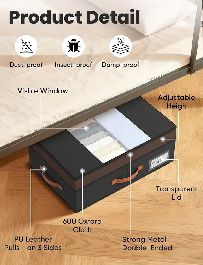 TOSKING Under Bed Storage with Wheels (2 Pack), Adjustable Height 7.9"-10.2", 6 Vacuum Bags, Expandable Rolling Underbed Bins, 600D Oxford Fabric, Drawer Organizer for Clothes, Shoes, Toys, Black