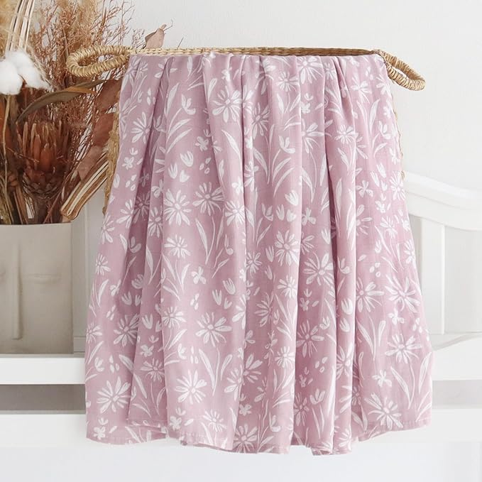LifeTree Baby Swaddle Blanket and Bow Set, Mauve Floral Muslin Newborn Swaddle Set with Matching Headband Bow, Infant Receiving Blanket Wrap, 47 x 47 inches, 70% Viscose from Bamboo and 30% Cotton