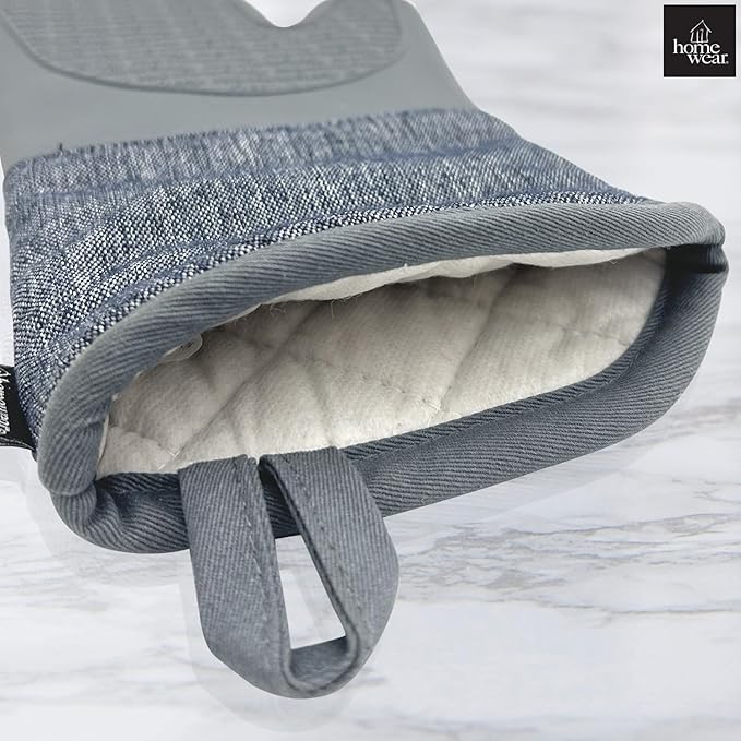 Homewear Marlow Silicone Extra Long Oven Mitt 2 Piece Set, Heat and Slip Resistant, Recycled Cotton with Soft Lining, Thick Kitchen Gloves for Cooking, Slate