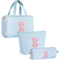 Fystdtote Personalized Initial Toiletry Makeup Bag - Travel Cosmetic Bag for Mom,Niece,Teen Girl Birthday Gifts - Blue E